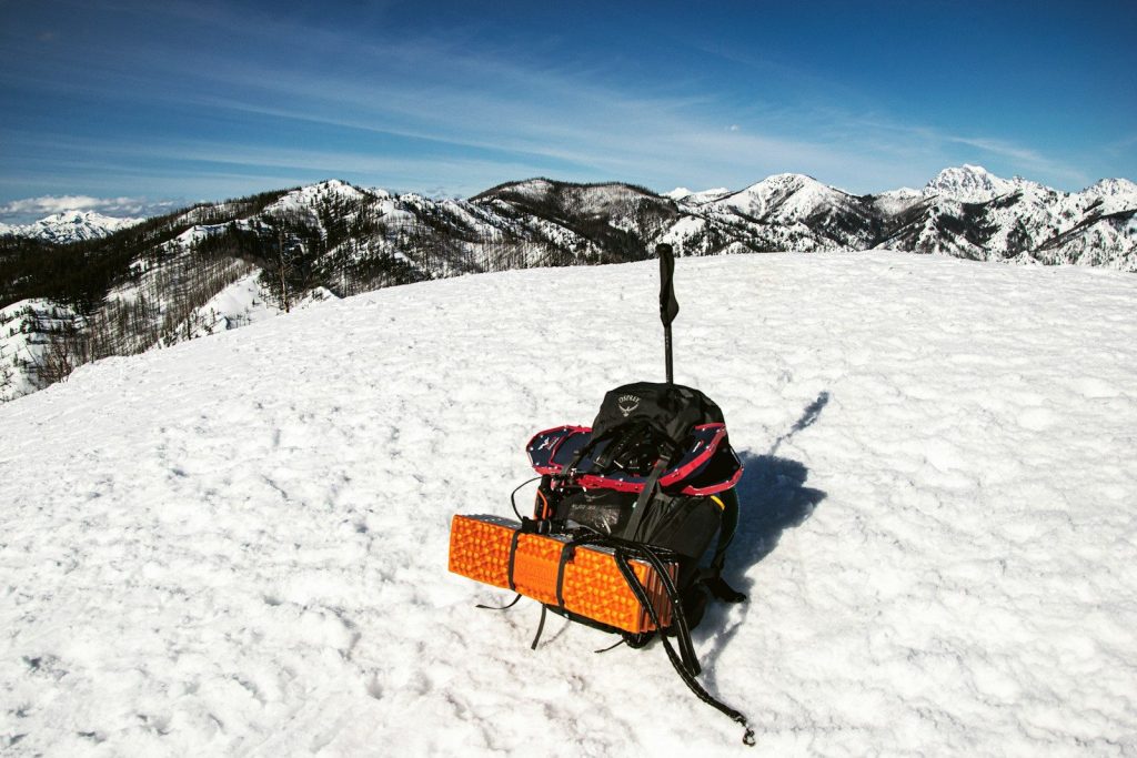 black and red stroller on snow covered ground