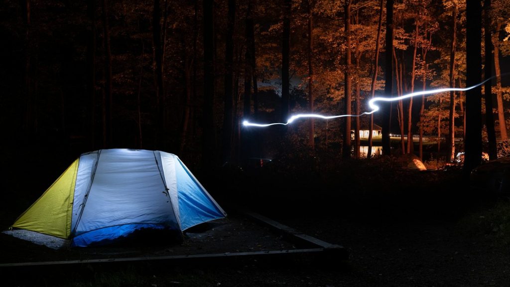blue tent on forest during night time